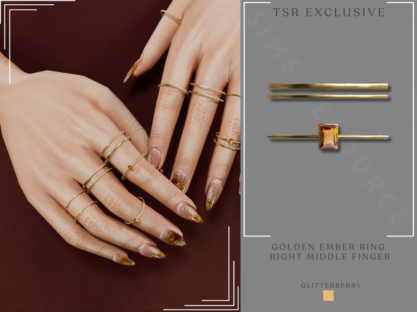 Sims 4 — Golden Ember Ring Stack Right Middle Finger by Glitterberryfly — A gold and citrine brown gemstone set of rings.