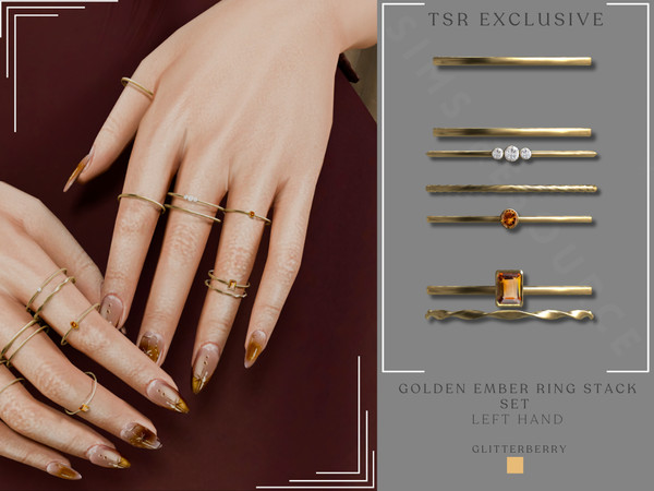 Sims 4 — Golden Ember Ring Stack Set - Left Hand by Glitterberryfly — A ring stack set for the left hand. Features ring