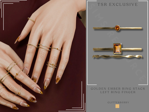 Sims 4 — Golden Ember Ring Stack Left Ring Finger by Glitterberryfly — A ring stack set for the left hand. Features ring