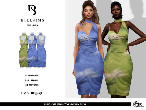 Sims 4 — Print Scarf Detail Cowl Neck Midi Dress by Bill_Sims — This dress features a draped cowl neckline with a scarf