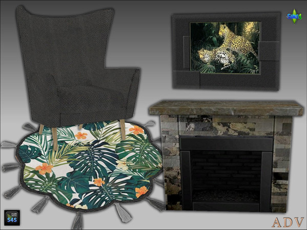 Sims 4 — ADV_Mabra_s4NookSet06_rug by MABRA2 — Set includes livingchair, fireplace, rug and painting