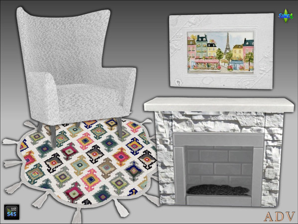 Sims 4 — ADV_Mabra_s4NookSet09_fireplace by MABRA2 — Set includes livingchair, fireplace, rug and painting