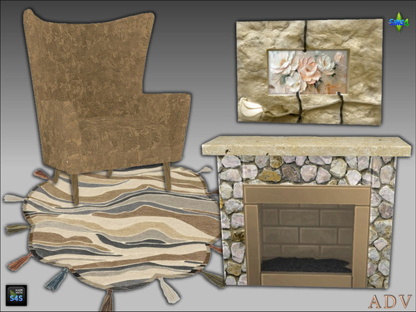 Sims 4 — ADV-Mabra TEN s4NookSet by MABRA2 — Set includes livingchair, fireplace, rug and painting