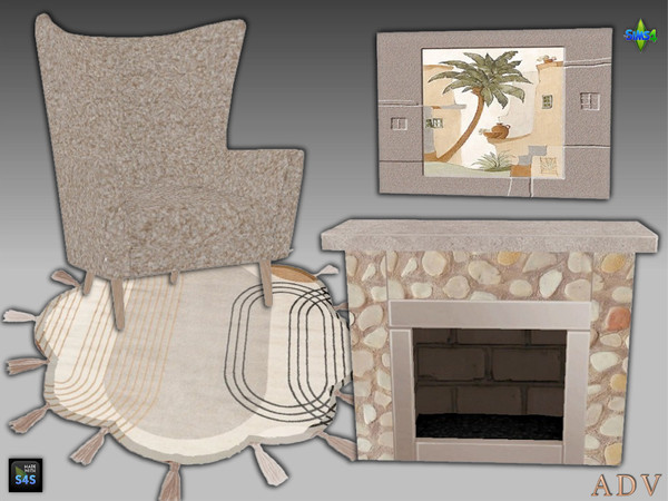 Sims 4 — ADV_Mabra_s4NookSet08_fireplace by MABRA2 — Set includes livingchair, fireplace, rug and painting
