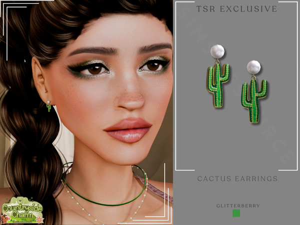 Sims 4 — Countryside Charm - Cactus Earrings by Glitterberryfly — A green cactus earring set in gold with pearl gemstone