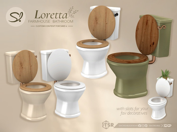 Sims 4 — Loretta Toilet by SIMcredible! — Call your sims to a relaxing bath time in the countryside house. Loretta is a