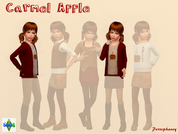Sims 4 — Caramel Apple Sweater with Tee by Persephaney — A deep red sweater layered with a tee bearing a caramel apple