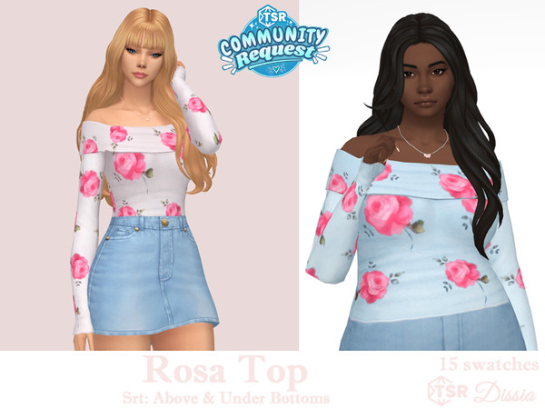 Sims 4 — Rosa Top by Dissia — Bare shoulders long sleeves roses pattern top