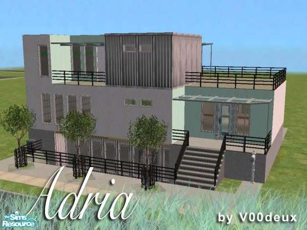 Sims 2 — Adria by v00deux — Modern 1 bedroom starter house on small lot. Features a small pool and a spacious deck with a
