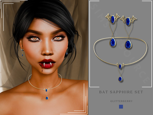 Sims 4 — Glitterberrysims - Bat Sapphire Gold Necklace by Glitterberryfly — A gold an sapphire bat earring and necklace