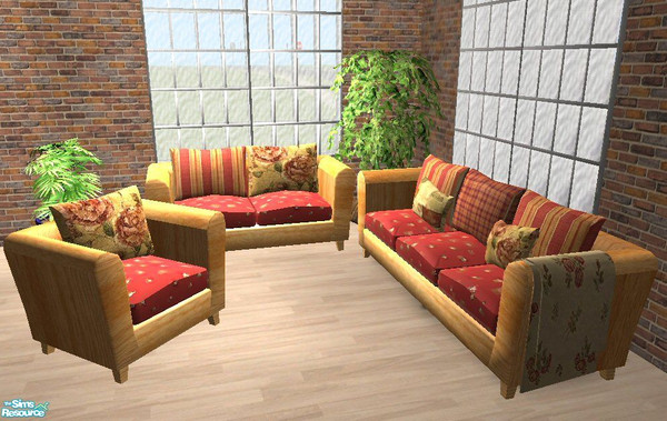 Sims 2 — Red sofa set - light wood base by pregate — By Tweetysmom aka Pregate. Red solid and print recolor of