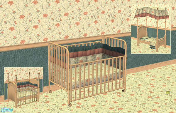Sims 2 — Country Flowers Crib Bedding by ImmeK — A cream-coloured crib bedding with a peach and teal flower pattern based