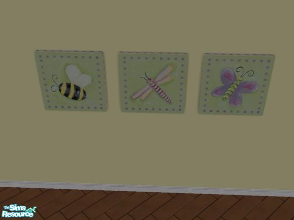 Sims 2 — Children's whimsical painting set by priestmere — Three paintings: butterfly, bee, dragonfly