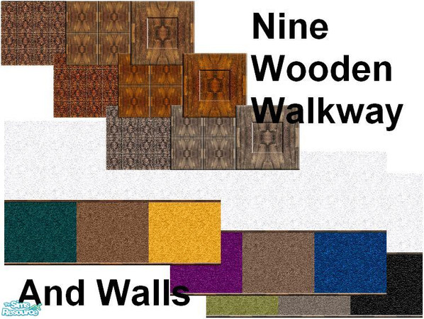 Sims 2 — Wooden and Walls by Lorah — 6 wood tile, 3 carpets and matching walls in blue, green, yellow, brown, black, etc.