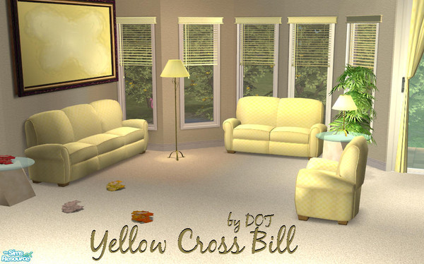 Sims 2 — Yellow Cross Bill by DOT — Sofa, Loveseat, Chair, painting, lamp shade recolor, curtain and mini blind recolor.