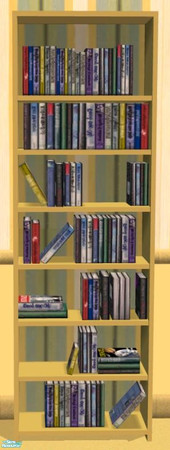 Sims 2 — NK Green and Gold BR - Bookcase by MoMama — A gold bookcase with a green and gold striped backboard.