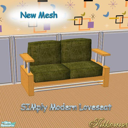 Sims 2 — SIMply Modern Loveseat by Nikki041498 — Green leather cusions in a light oak and stainless steel frame. *New