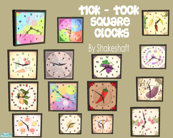 Sims 2 — Tick-Tock Square Clocks by Shakeshaft — A set of Square Wall Clocks, set includes 1 New Mesh and 14 Recolours.