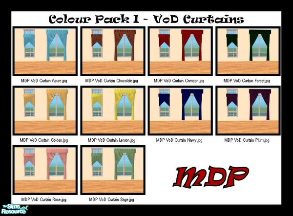 Sims 2 — MDP Colour Pack I VoD Curtains by MelandStv — There are 10 colourful curtains in this set. Recolours both the