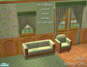 Sims 2 — Green Spring Set by Semitone — Walls, floors, curtains and simple furniture for living room. 