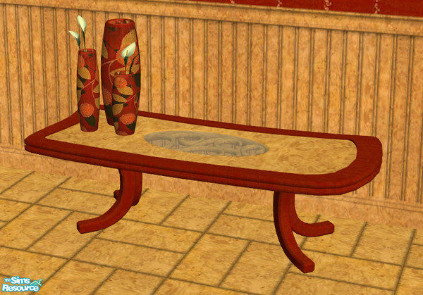 Sims 2 — Indian Summer Coffeetable 1 by ImmeK — A long coffetable with a redwood frame and tabletop of polished bird\'s