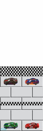 Sims 2 — Start Your Engines - 1 by Lorah — Blue, red, green, black race cars in wall border and carpet, linoleum and