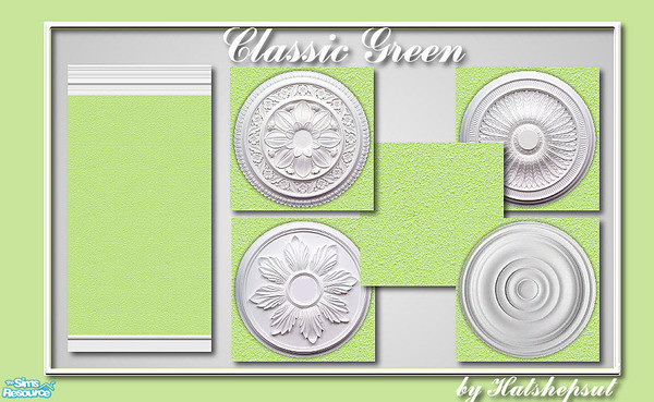 Sims 2 — Classic Green by hatshepsut — Tasteful wall covering with several matching ceiling tiles including medallions.