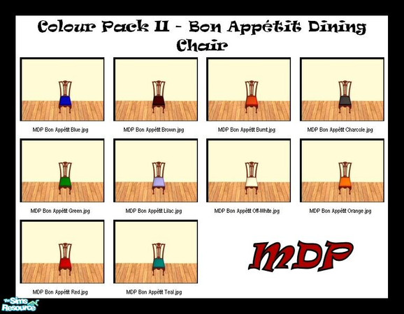Sims 2 — MDP Colour Pack II Bon Appetit Chairs by MelandStv — There are 10 colourful upholsteries in this set. Part of my