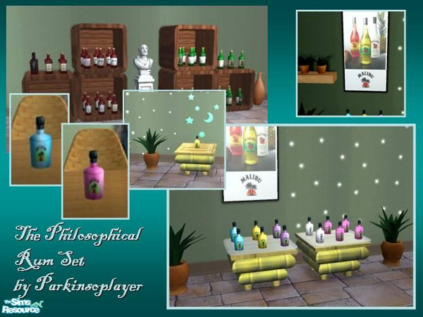 Sims 2 — the philosophical tropical rum set by parkinsoplayer — This set contains 5 flavours of sweet malibu rum. As a