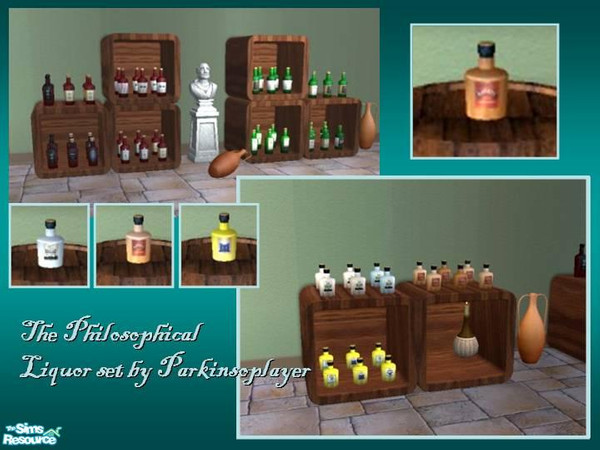 Sims 2 — the philosophical liquor set by parkinsoplayer — This set contains Baileys, gin and eggnog. A new addition to