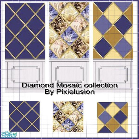 Sims 2 — Diamond mosaic  collection by pixielusion — A collection of three walls and three floors in a diamond mosaic