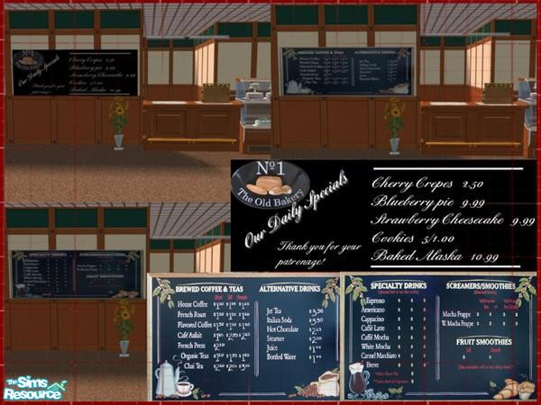 Sims 2 — Bakery menus by pixielusion — A set of three bakery menu boards for your sims business.