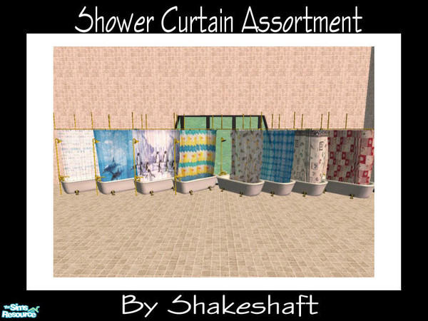 Sims 2 — Shower Curtains Assortment by Shakeshaft — A collection of 8 shower curtain designs, some of which are