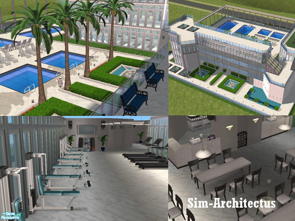 Sims 2 — Acquatic Club by Hugoslem — A relaxing area for your sims. Includes: swimming pools, gym, restaurant, restrooms,