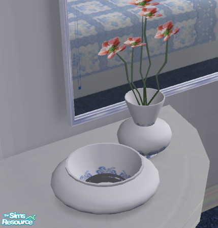 Sims 2 — Hibiscus Heaven Vase and bowl by Cloisonne — Offwhite with a hint of blue and hibiscus Design.