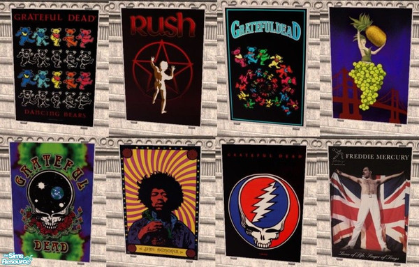 Sims 2 — Music Poster Set 4  by MinnieMinPin — 7 different prints ~ 4 Grateful Dead, 1 Rush, 1 Jimmie Hendrix, 1 Freddie