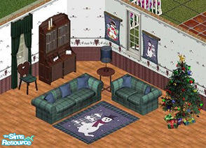Sims 1 — Green Christmas Livingroom by STP Carly — Includes: Sofa, Chair, Loveseat, Endtable, Lamp, Bookcase, Art(2), Rug