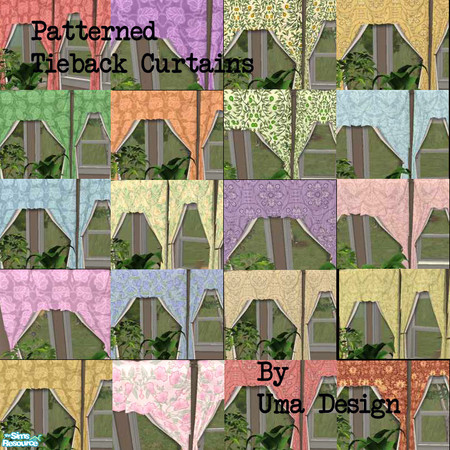 Sims 2 — Patterned Tieback Curtains by Uma Design — Tired of hanging up plain-colored curtains? Try these new, exciting