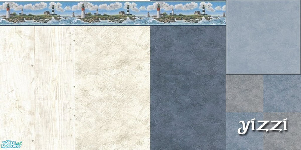 Sims 2 — Lighthouse by Yizzi — Set of 3 walls and 2 floors with lighthouses and oceanview border.