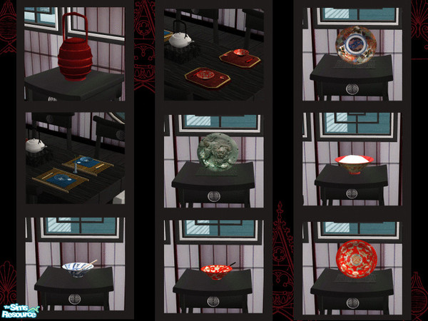 Sims 2 — Asian Dining Treasures by thkehne — China plates, bowls, place settings and an antique basket - a treasure chest