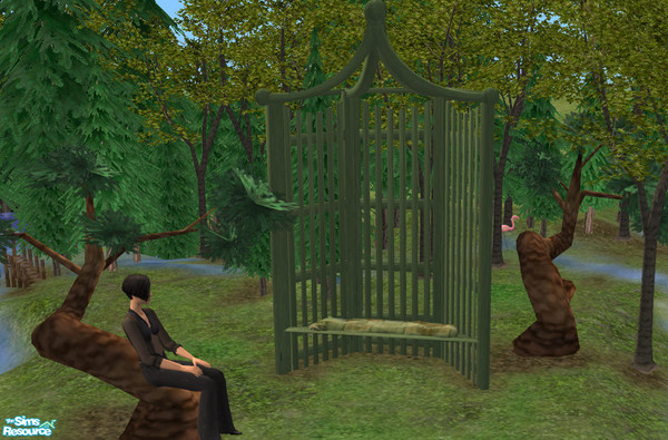 Sims 2 — Garden Privacy Seat Green - #255212 by DOT — Garden Privacy Seat GreenWood *Mix and Match Pillows* and Bonsai