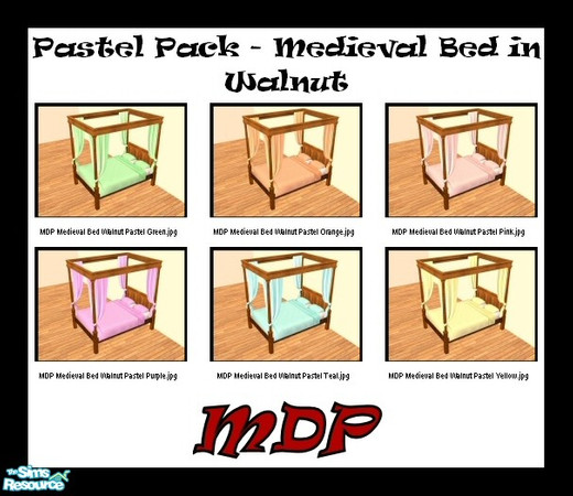 Sims 2 — MDP Pastel Pack Medieval Bed in Walnut by MelandStv — There are 6 colourful bed curtains for the Walnut Medieval