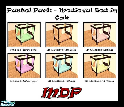 Sims 2 — MDP Pastel Pack Medieval Bed in Oak by MelandStv — There are 6 colourful bed curtains for the Oak Medieval Bed