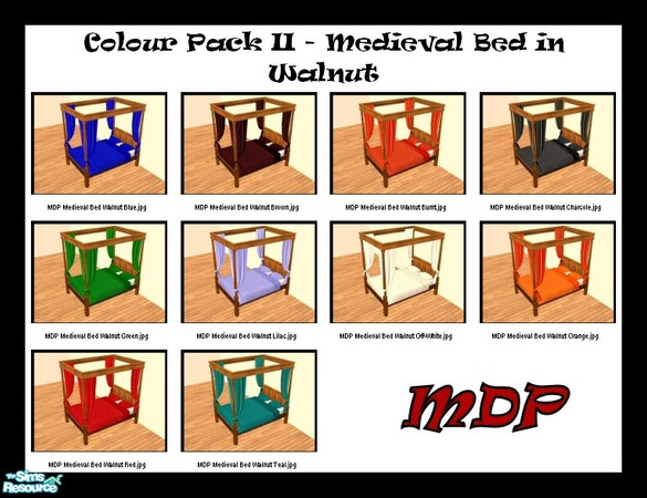 Sims 2 — MDP Colour Pack II Medieval Bed Walnut by MelandStv — There are 10 colourful bed curtains for the Walnut