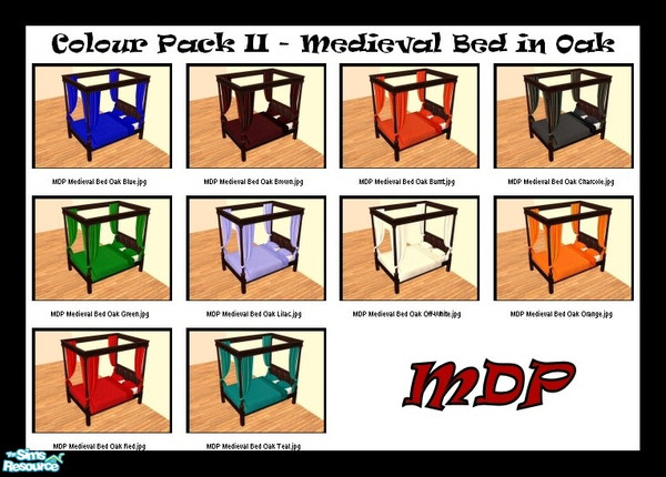 Sims 2 — MDP Colour Pack II Medieval Bed in Oak by MelandStv — There are 10 colourful bed curtains for the Oak Medieval