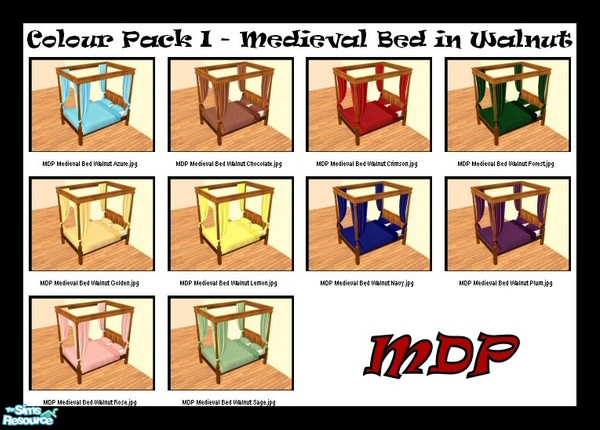 Sims 2 — MDP Colour Pack I Medieval Bed in Walnut by MelandStv — There are 10 colourful bed curtains for the Walnut