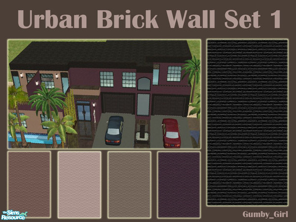 Sims 2 — Urban Brick Set 1 by Gumby_Girl — A set of 5 brick walls for your home or office. Colours include black, purple,