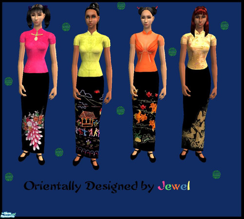 Sims 2 — Orientally Designed By Jewel by JewelRolls — Four complete outfits have mandarin style blouses paired with black