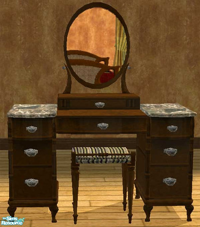 Sims 2 — When Jazz Was Young Vanity by dancingaphrodite — Dark wood, striped bench seat in golds and browns. Heavy marble
