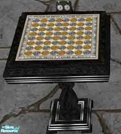 Sims 2 — Gothic Dreams Bedroom Chess Table by dancingaphrodite — Black lacquer with silver inlay. Playing surface of